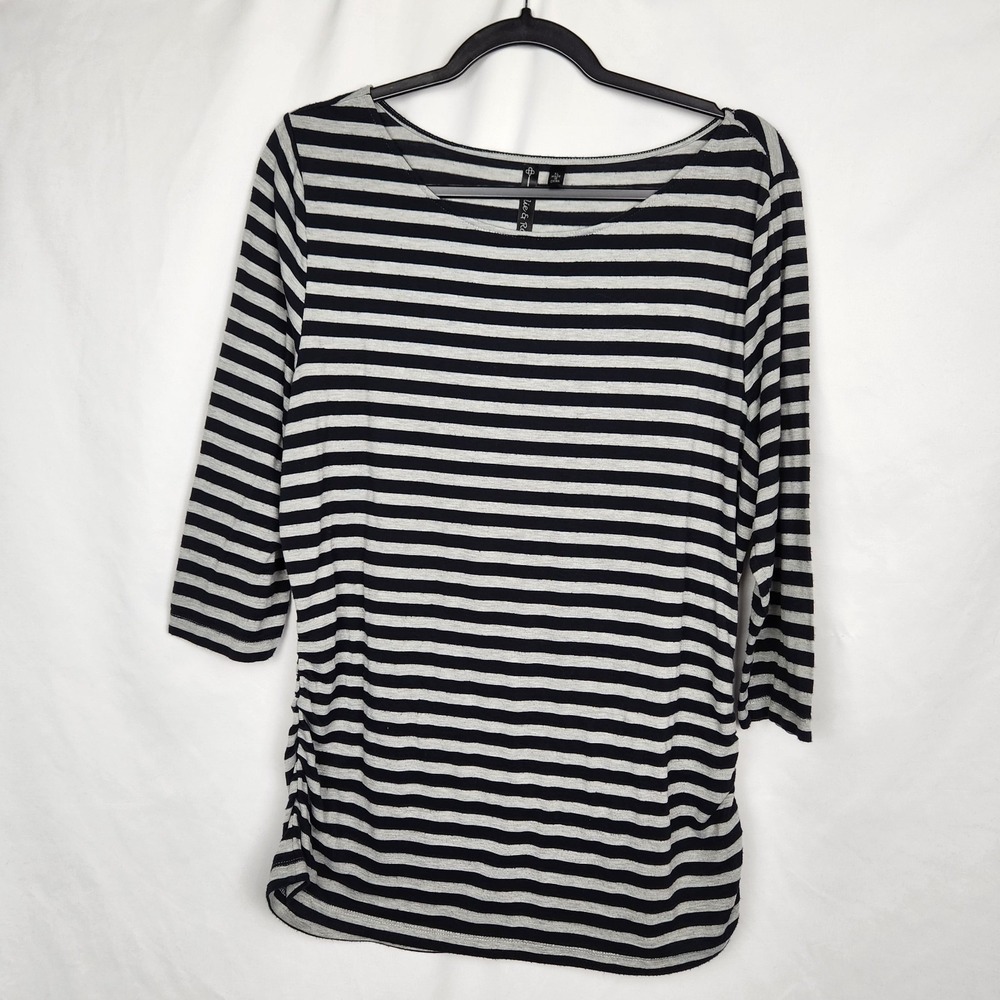 Allie & Rob Womens Striped Top 3/4 Sleeve Black Gray Zip Up Side Size XL